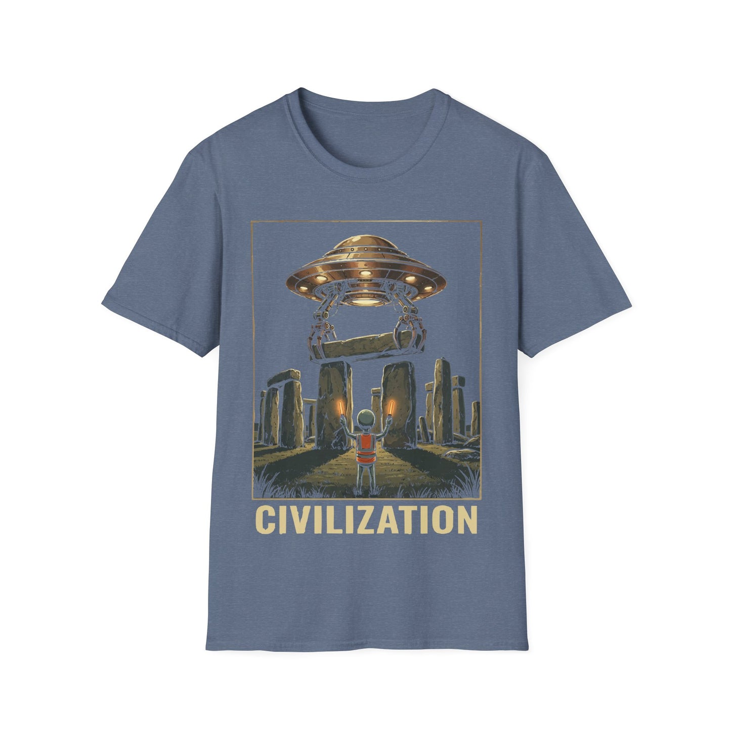 Stonehenge Construction t-shirt design, featuring a small alien overseeing a hovering UFO lifting a stone lintel into place above Stonehenge in a retro sci-fi illustration including word 'Civilization' on a grey background