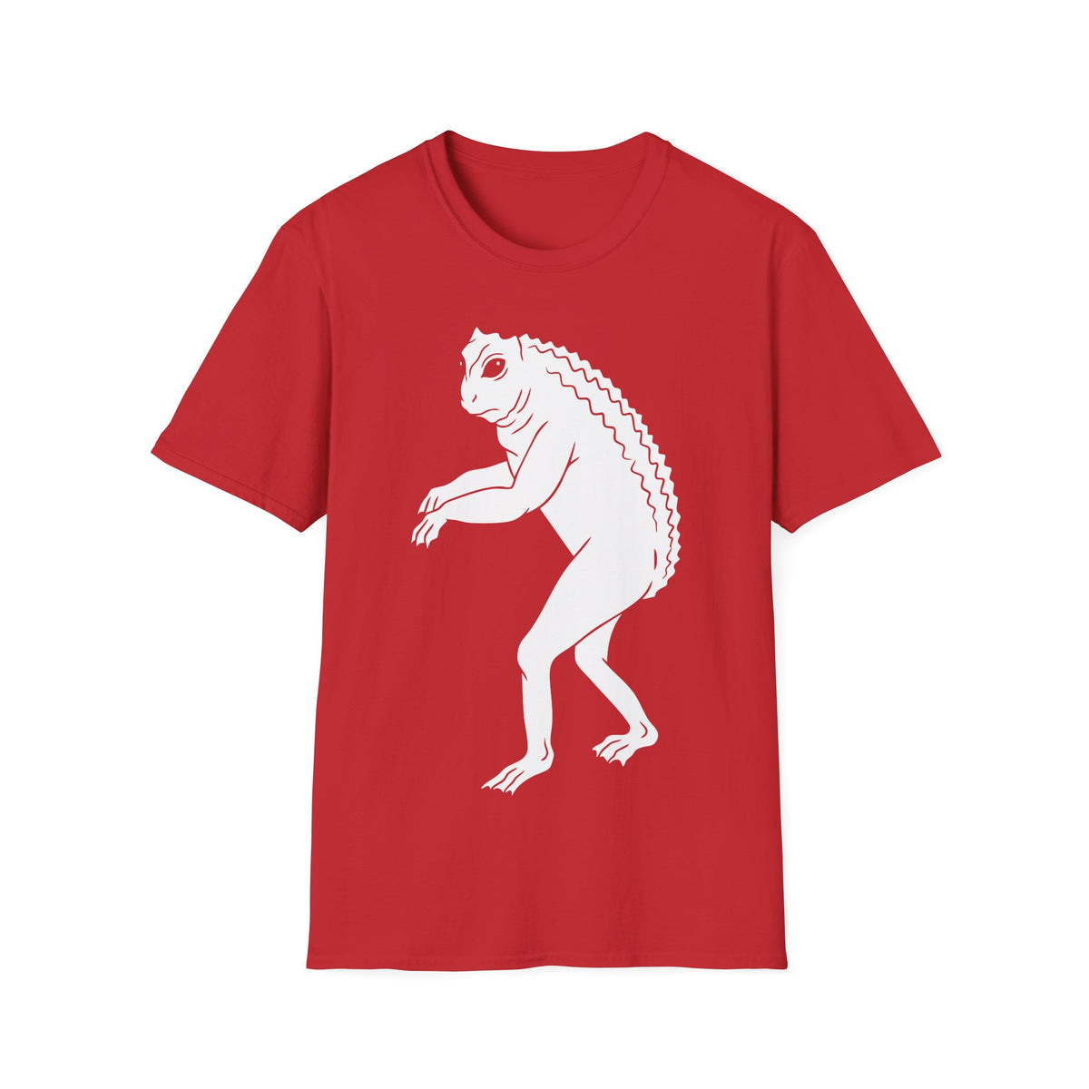 Loveland Frogman t-shirt design, featuring a white humanoid frog creature with large eyes, long limbs, clawed hands and feet, and a ridged back on a red background