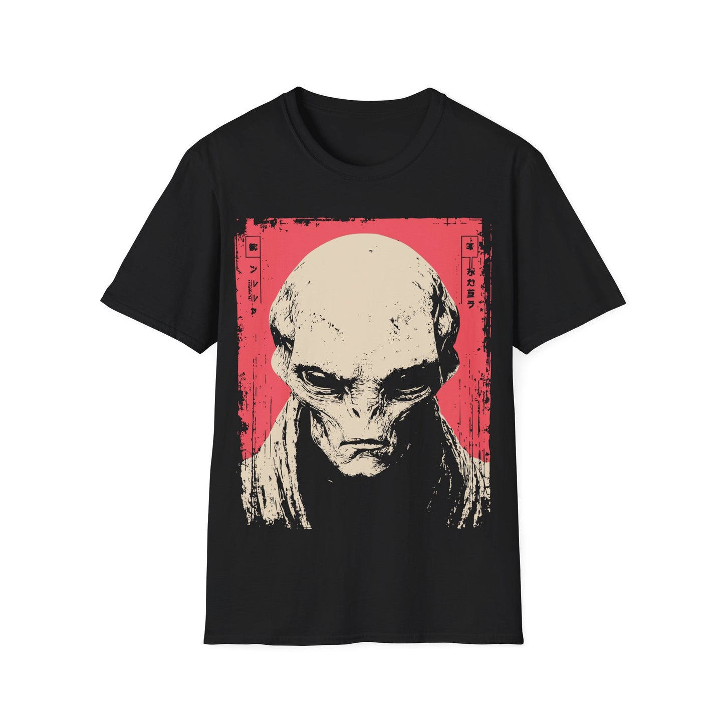 Alien Portrait Woodblock t-shirt design, featuring a detailed pale alien face in a distressed woodblock style illustration with Japanese inspired border elements on a black background