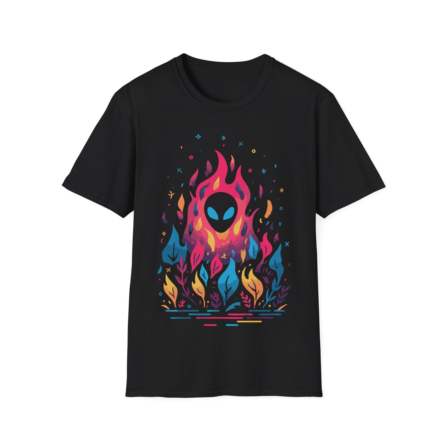 Neon Alien Fire and Botanicals t-shirt design, featuring an alien face with glowing blue eyes emerging from vivid pink flames surrounded by colorful blue, yellow, and purple botanical elements on a black background