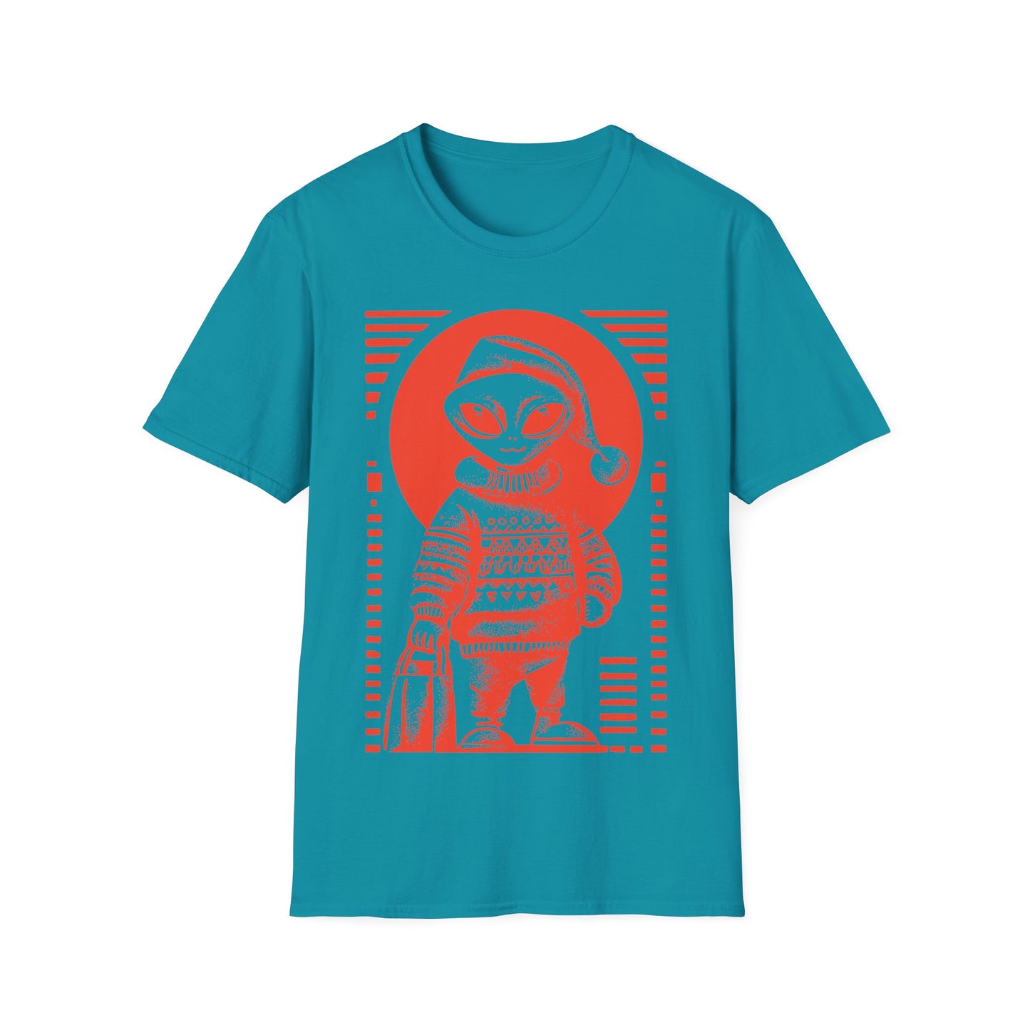 Holiday Shopper Alien t-shirt design, featuring a festive grey alien in Santa hat and patterned winter sweater carrying a shopping bag in bold illustration on a tropical blue background
