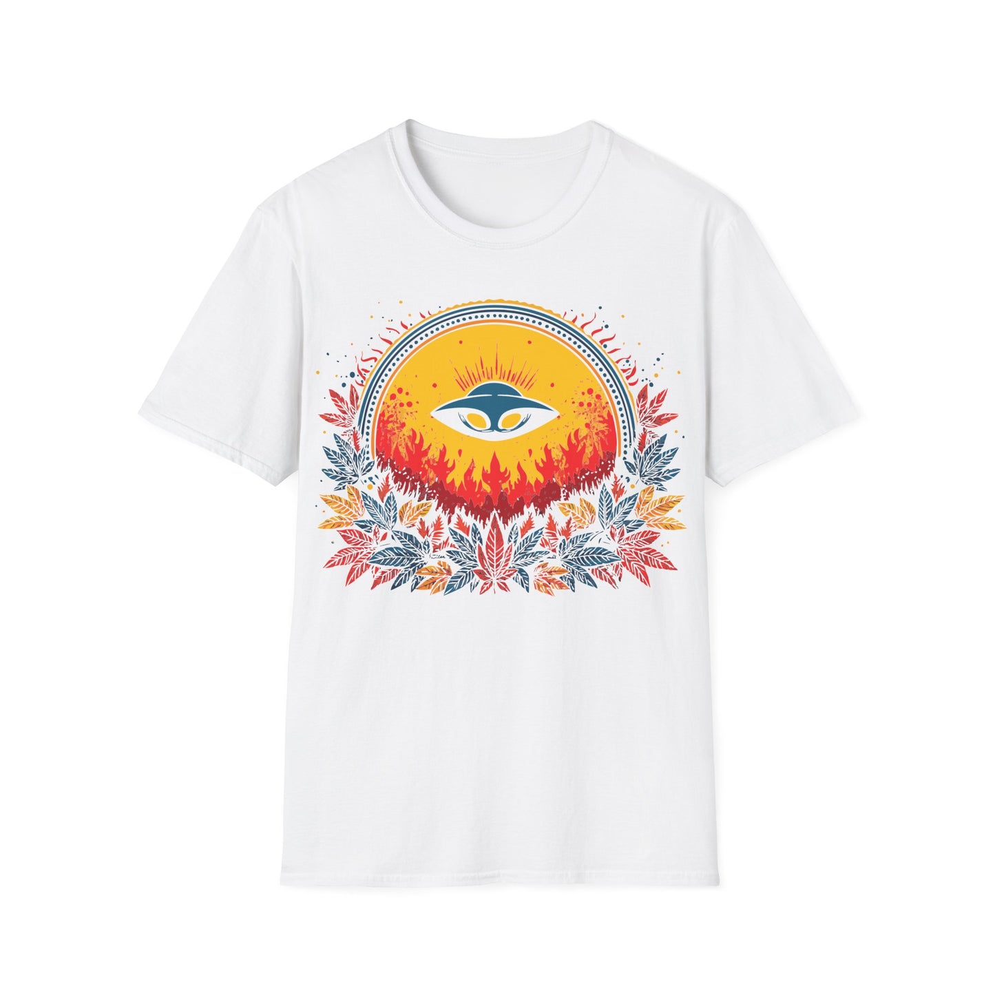 UFO Sun Fire t-shirt design, featuring a blue flying saucer silhouetted against a glowing golden sun with red flames and vibrant red, blue, and yellow foliage on a white background