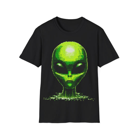 Neon green digital alien head pixel art graphic on black t-shirt