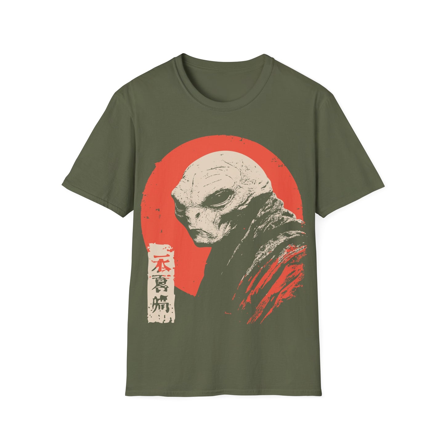 Alien Red Sun Portrait t-shirt design, featuring a pale side profile alien figure in a distressed woodblock style illustration with Japanese inspired seal details against a muted red sun on a military  backgroundreen