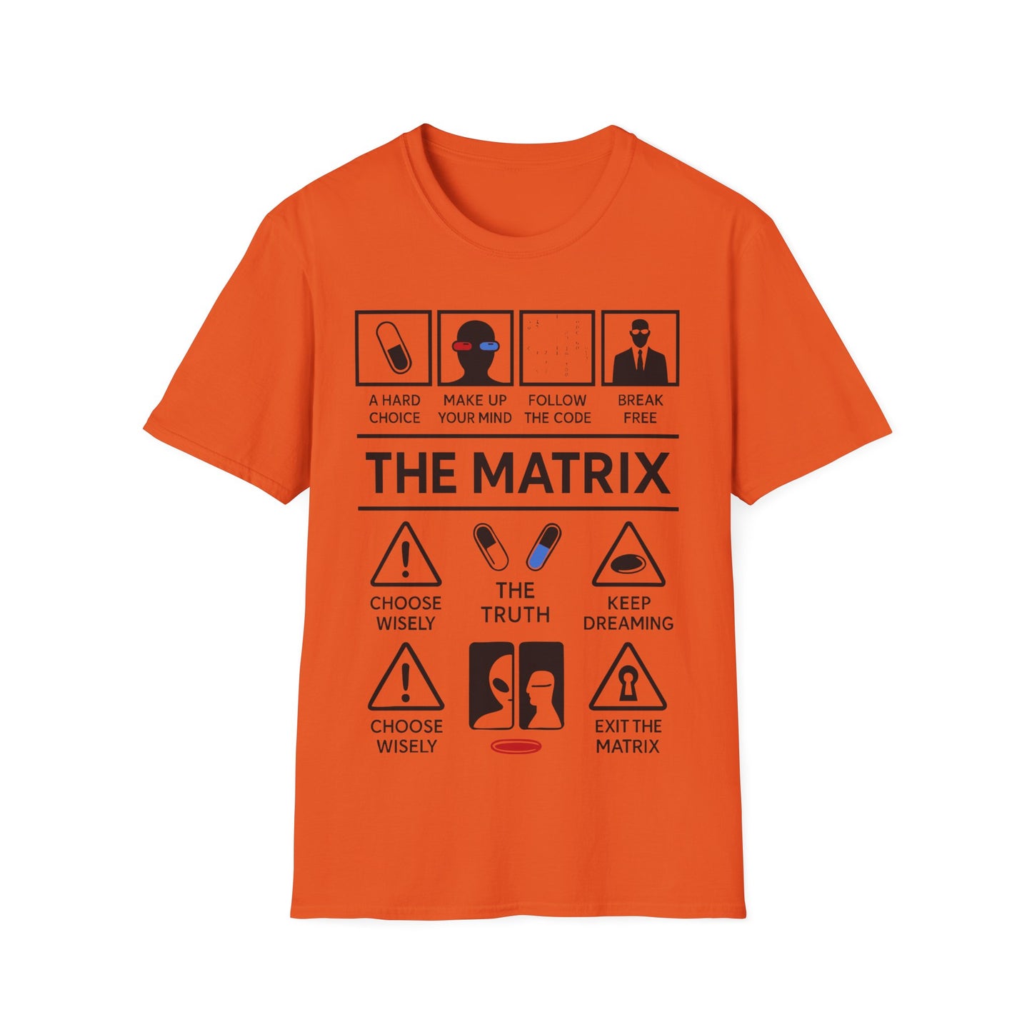 Matrix Icon Based t-shirt design, featuring bold white The Matrix lettering with red and blue pill symbols, code, suited figure, and sci-fi choice-based icon panels in a monochrome infographic style on an orange background