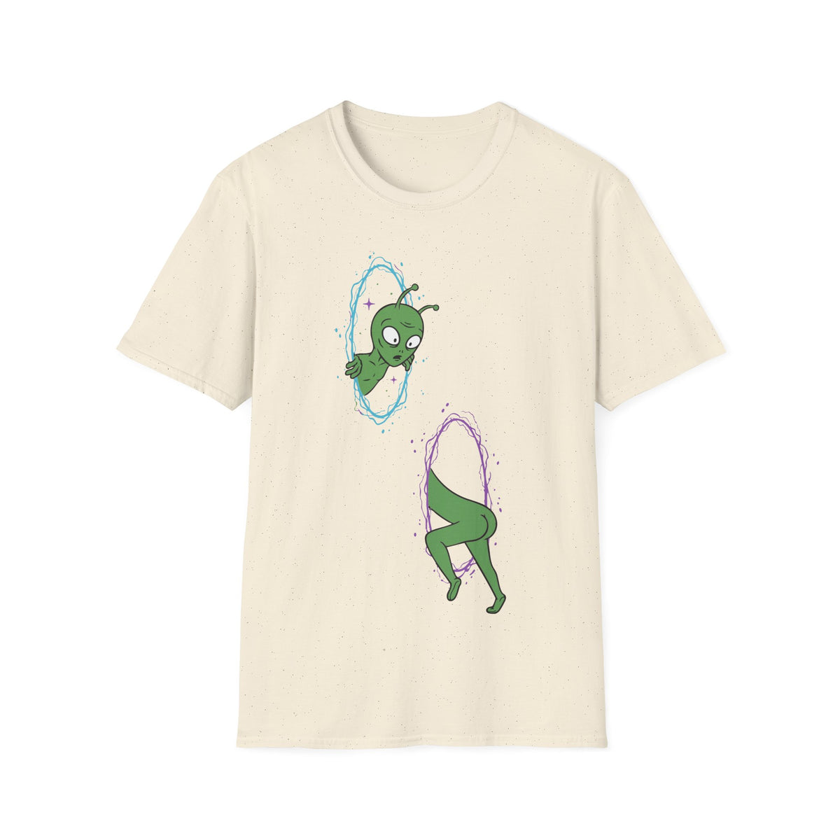 The Portal t-shirt design, featuring a confused green alien awkwardly passing through two glowing cosmic portals, with its head emerging from one and body disappearing into another in a funny cartoon style on a natural white background