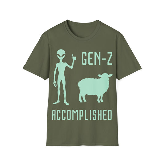 Gen-Z Accomplished t-shirt design, featuring an alien giving a thumbs-up beside a sheep silhouette with bold futuristic lettering in a minimalist graphic style on a military green background