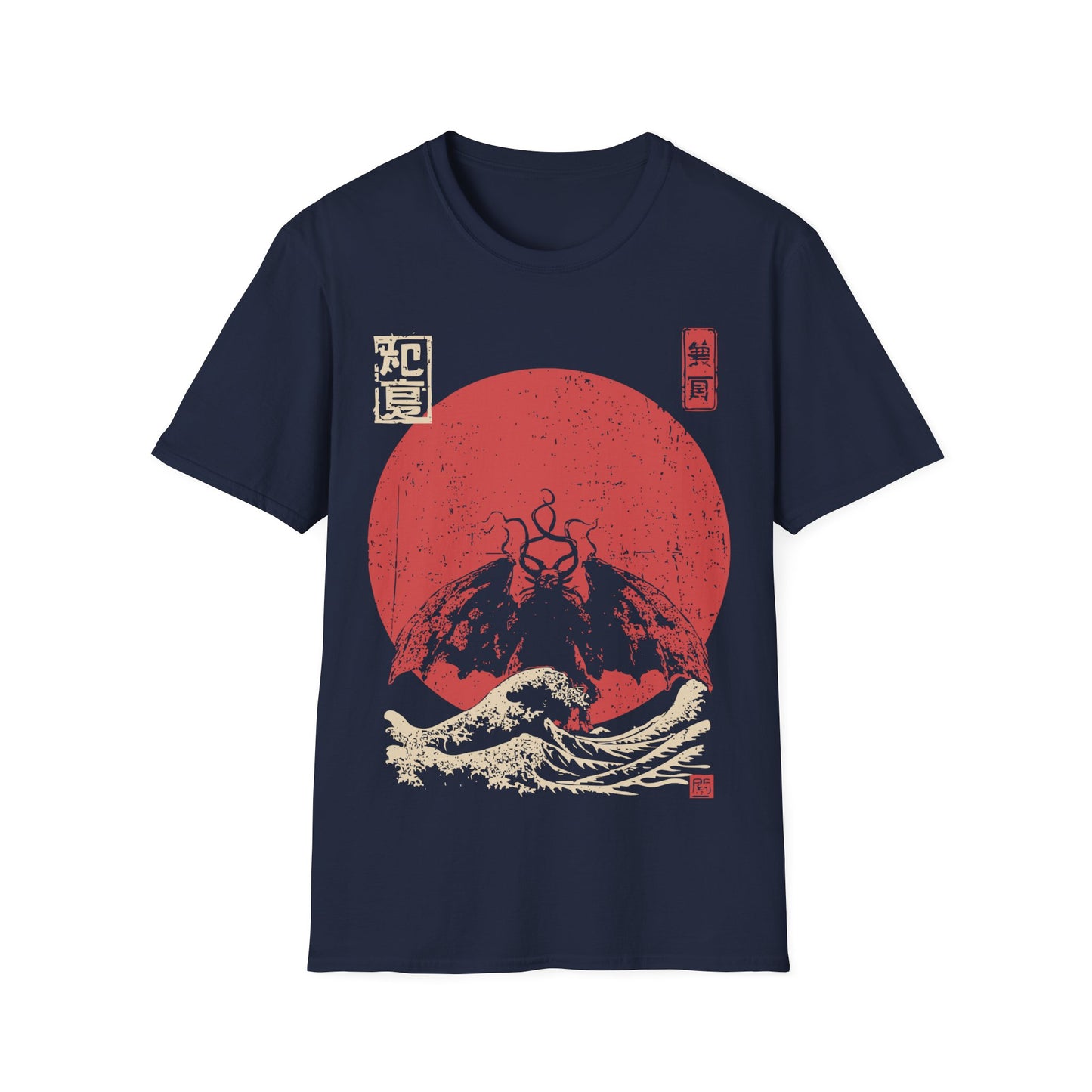 Mothman Red Sun t-shirt design, featuring a shadowy winged Mothman with glowing eyes rising above crashing waves against a distressed red sun in a vintage Japanese inspired illustration on a navy blue background