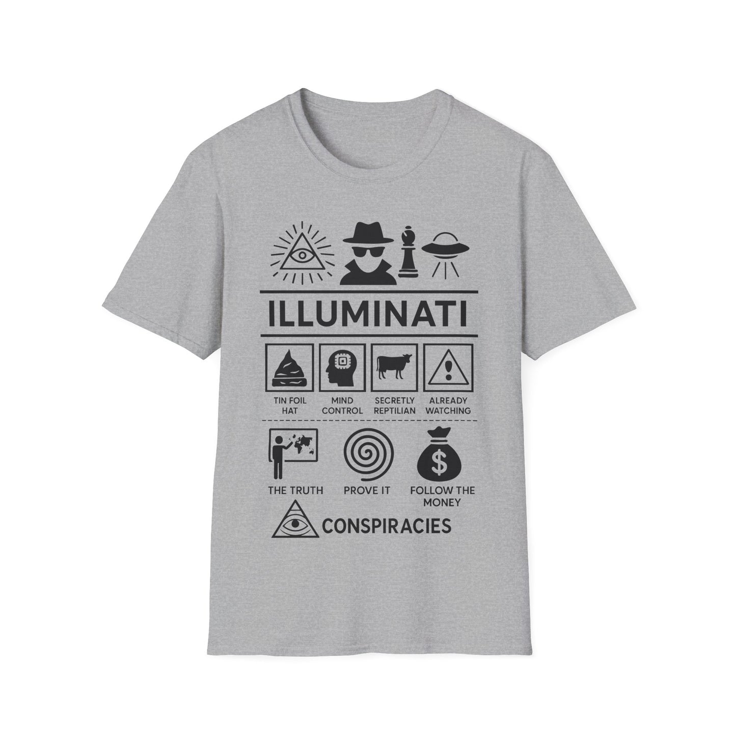 Illuminati Icon Based t-shirt design, featuring bold white Illuminati lettering with all-seeing eye, secret figure, UFO, and humorous conspiracy-themed icon panels in a monochrome infographic style on a grey background