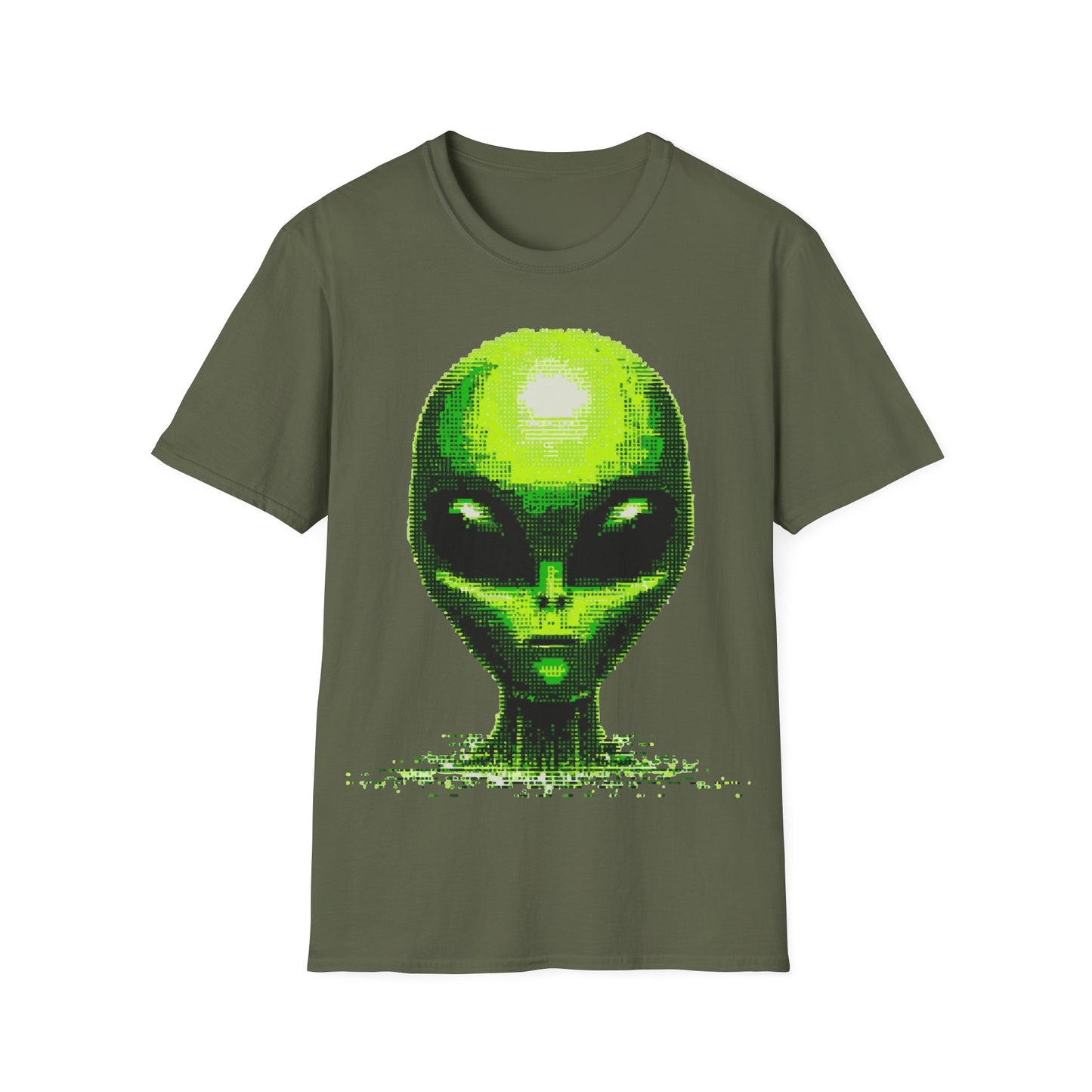 Neon green digital alien head pixel art graphic on green t-shirt