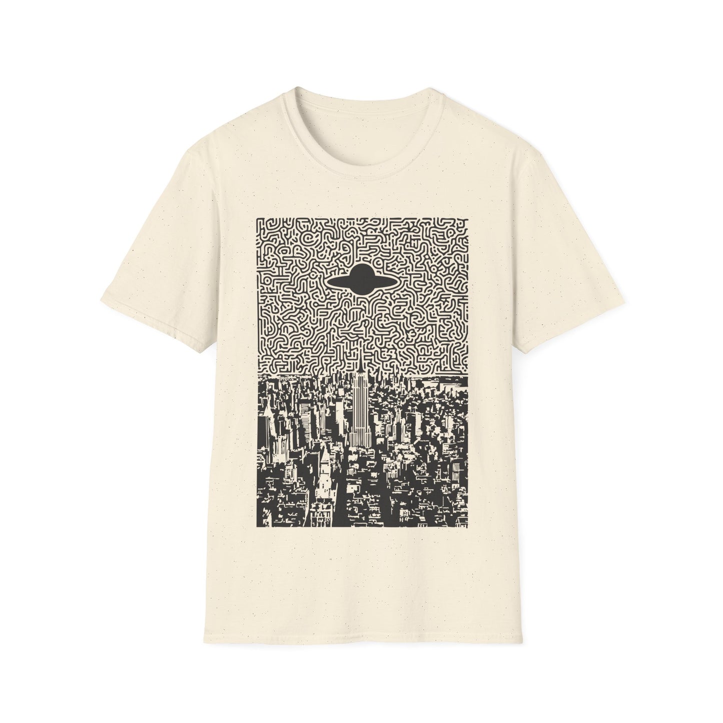 UFO over New York t-shirt design with flying saucer hovering above New York City skyline and abstract maze-pattern night sky on white t-shirt