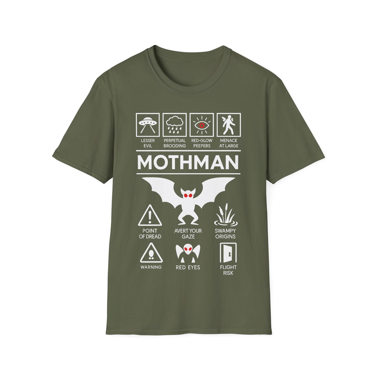 Mothman Icon Based t-shirt design, featuring bold white Mothman lettering with red-eyed winged creature, UFO, warning symbols, and cryptid-themed icon panels in a monochrome infographic style on a military green background