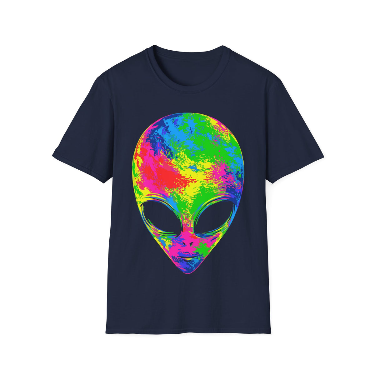 Pop Art Alien t-shirt design, featuring a large alien face filled with vivid neon pink, yellow, green, and blue colors with oversized black eyes in a bold psychedelic pop art style on a navy blue background
