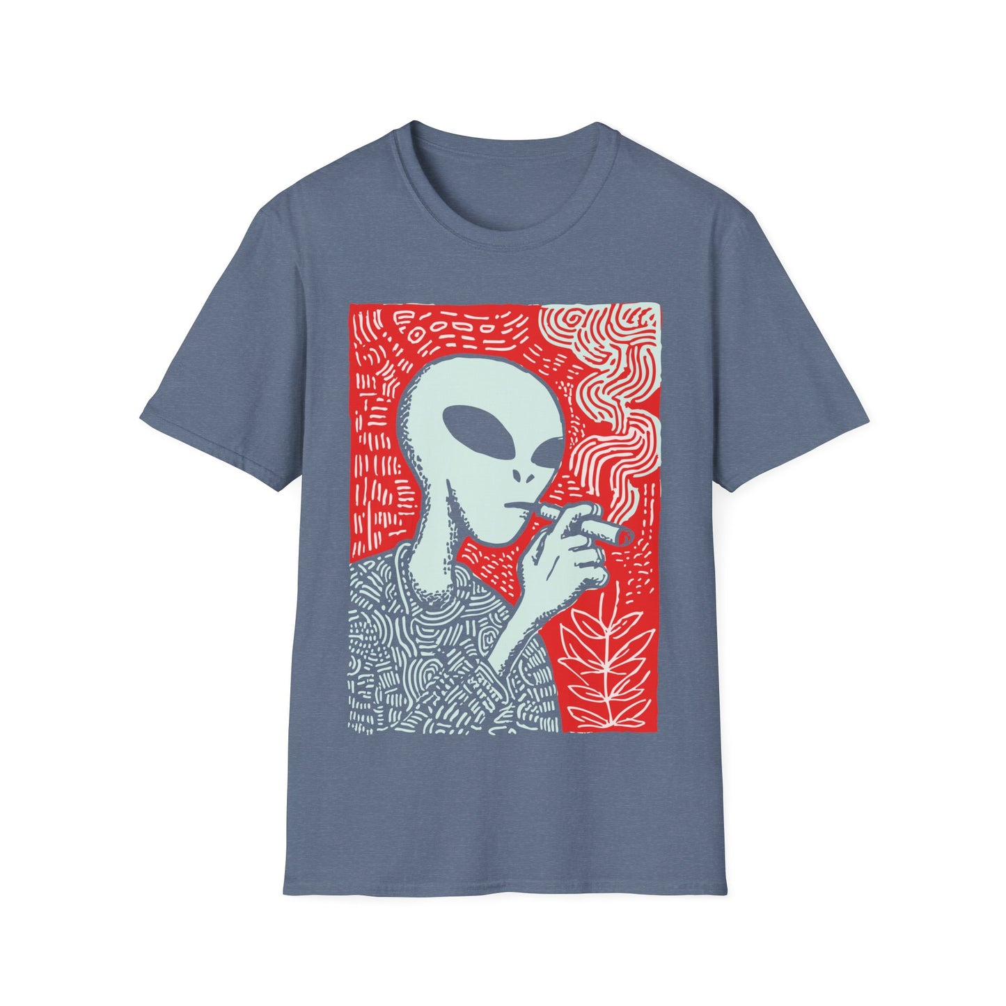 Alien smoking 420 design with cool grey alien holding a lit joint on light gray t-shirt