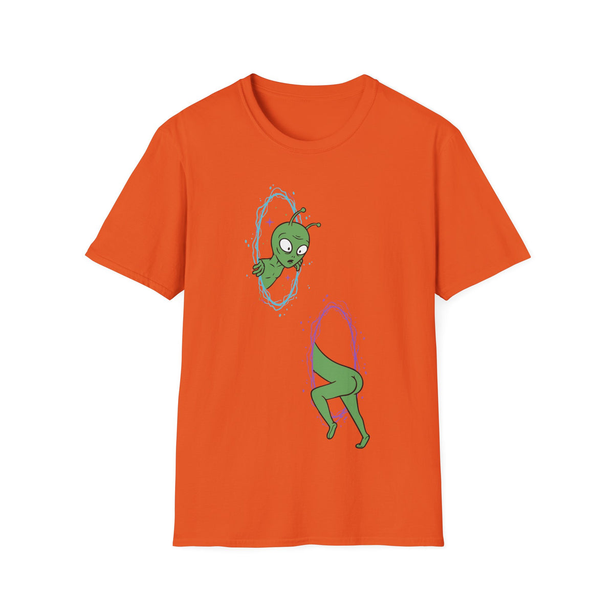 The Portal t-shirt design, featuring a confused green alien awkwardly passing through two glowing cosmic portals, with its head emerging from one and body disappearing into another in a funny cartoon style on an orange background
