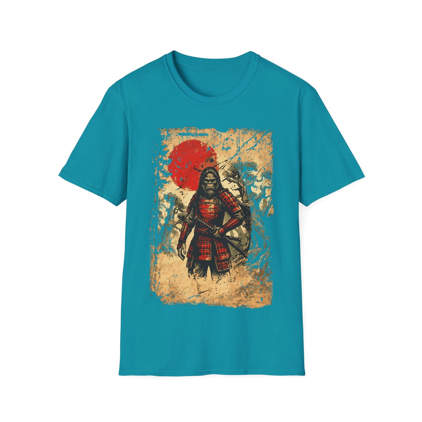 Sasquatch Samurai t-shirt design, featuring a fierce Bigfoot warrior in red samurai armor holding a katana in a haunted forest scene with a distressed parchment style background and red sun on a sapphire blue background
