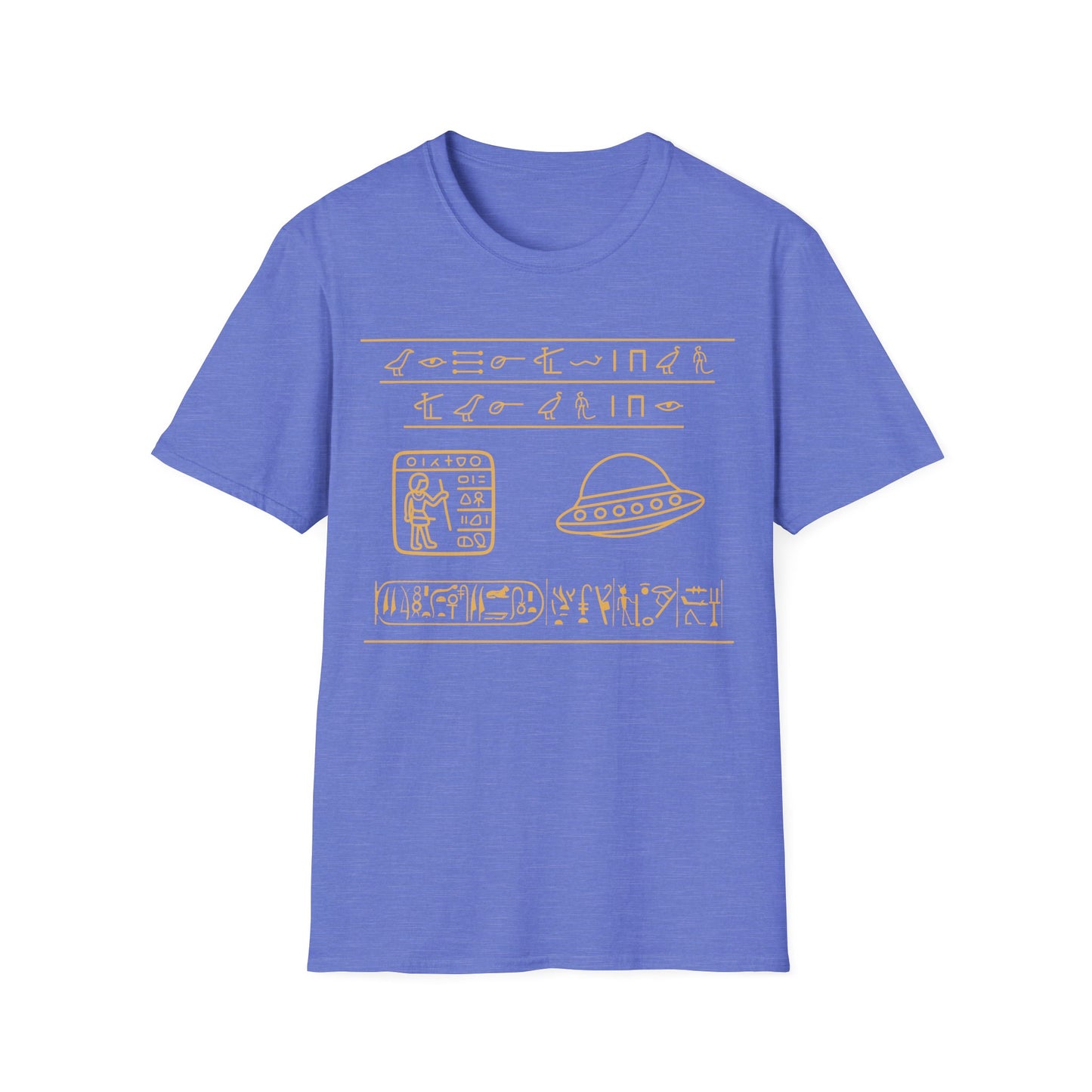 Gold Egyptian hieroglyph-style UFO t-shirt design, featuring a flying saucer and ancient symbol rows with a scribe panel on a heather royal blue background