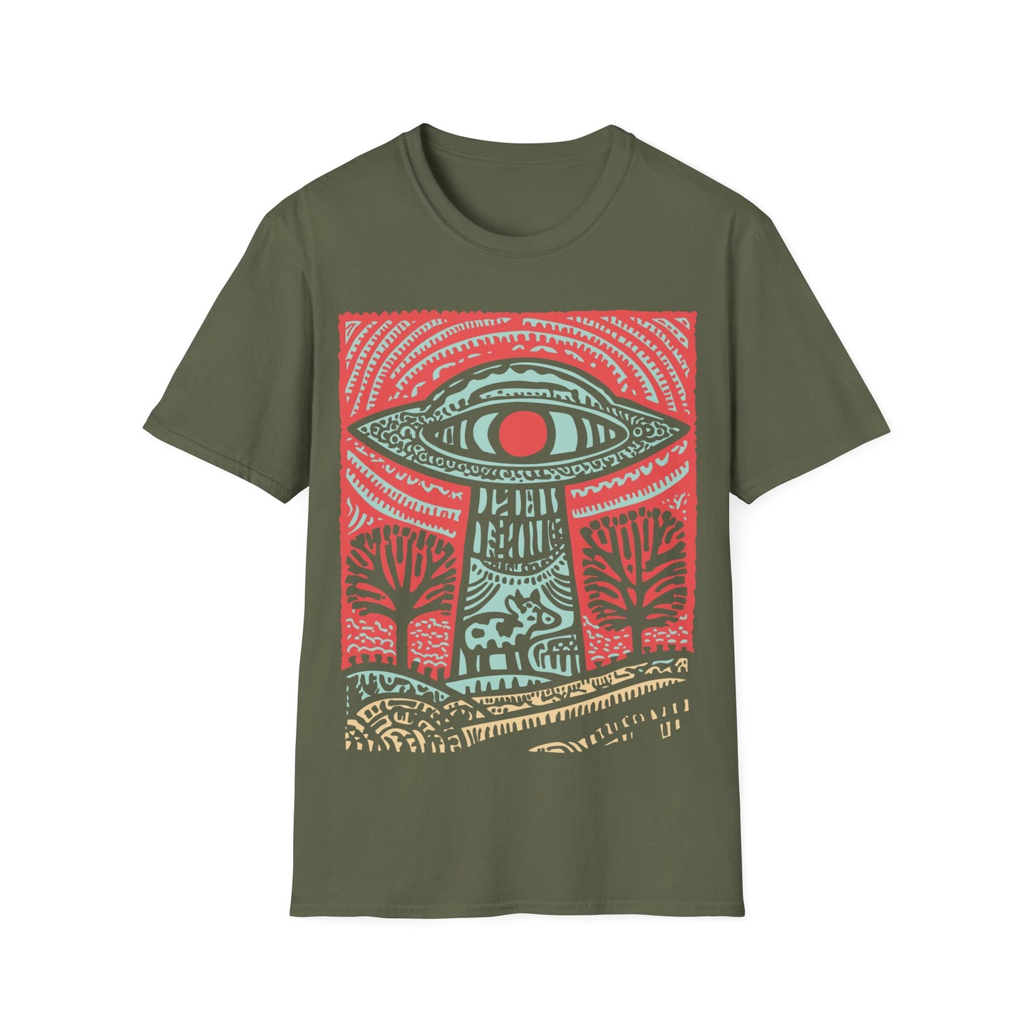 All-seeing UFO cow abduction design with eye-shaped flying saucer beaming up cow in colorful folk art landscape on green t-shirt