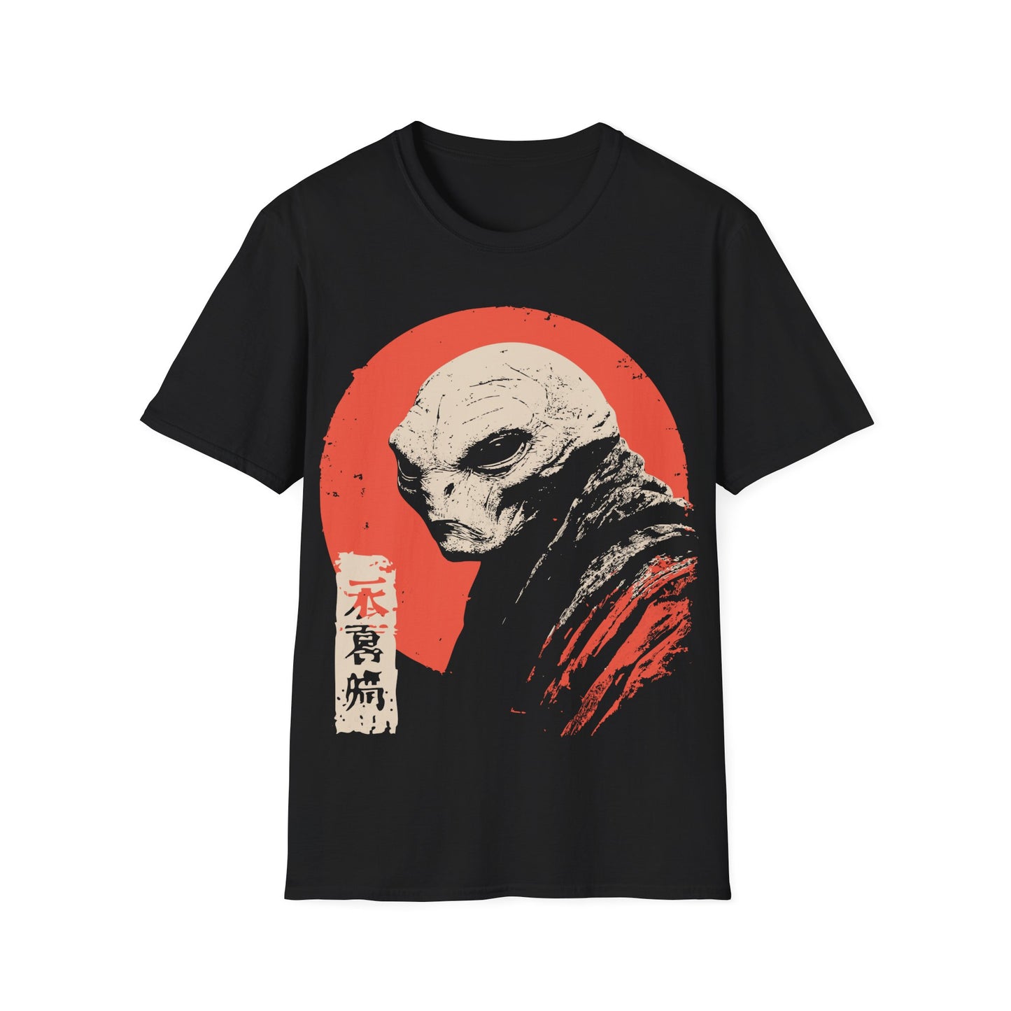 Alien Red Sun Portrait t-shirt design, featuring a pale side profile alien figure in a distressed woodblock style illustration with Japanese inspired seal details against a muted red sun on a black background
