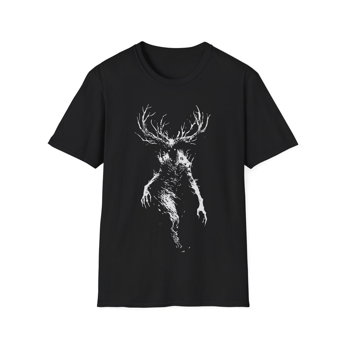 Wendigo Scary t-shirt design, featuring a towering antlered Wendigo with glowing eyes, skeletal limbs, and a shadowy distorted body in a stark distressed white silhouette on a black background