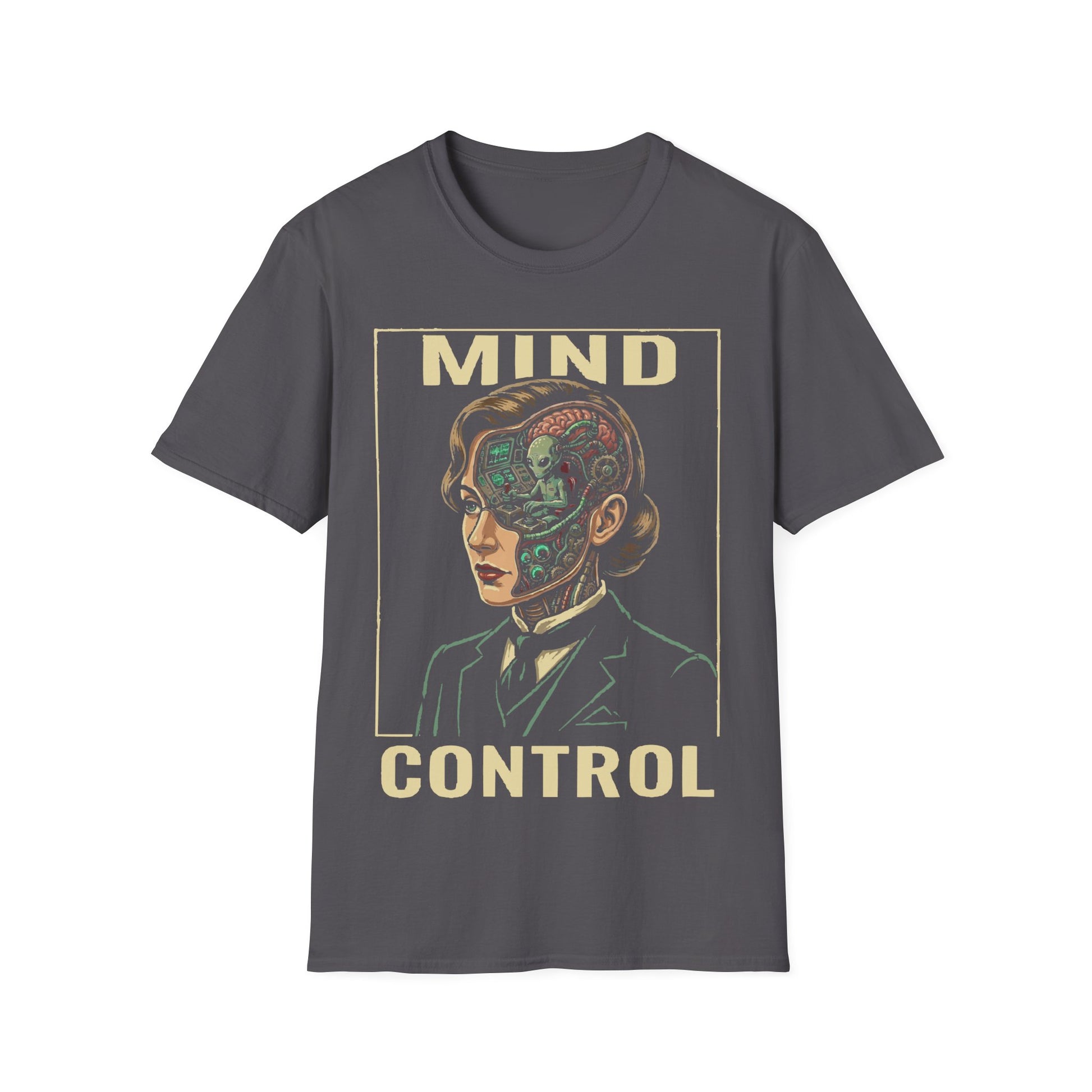 Mind Control t-shirt design, featuring a sharply dressed woman with her head opened to reveal a tiny grey alien operating a control console inside in a retro sci-fi illustration on a charcoal grey background