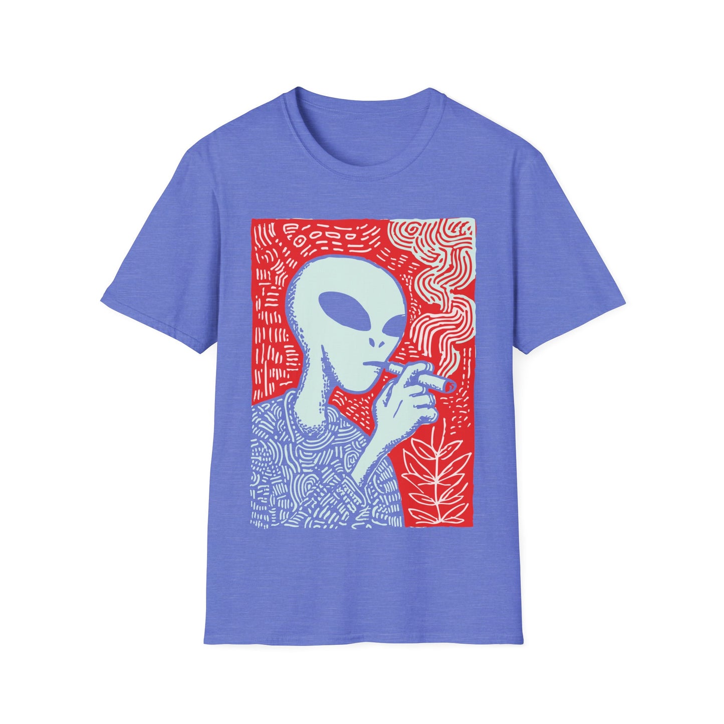Alien smoking 420 design with cool grey alien holding a lit joint on blue t-shirt