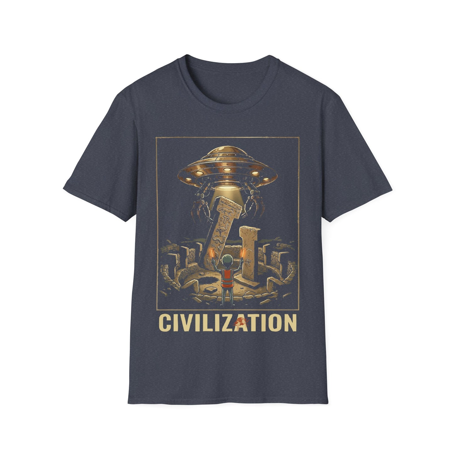 Gobeklitepe Construction t-shirt design, featuring a small alien overseeing a hovering UFO lifting carved stone pillars above an ancient circular site including word 'Civilization' in a retro sci-fi illustration on a dark grey background