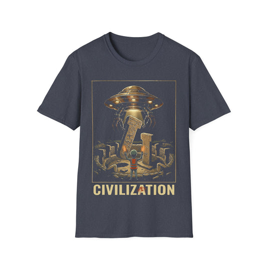 Gobeklitepe Construction t-shirt design, featuring a small alien overseeing a hovering UFO lifting carved stone pillars above an ancient circular site including word 'Civilization' in a retro sci-fi illustration on a dark grey background