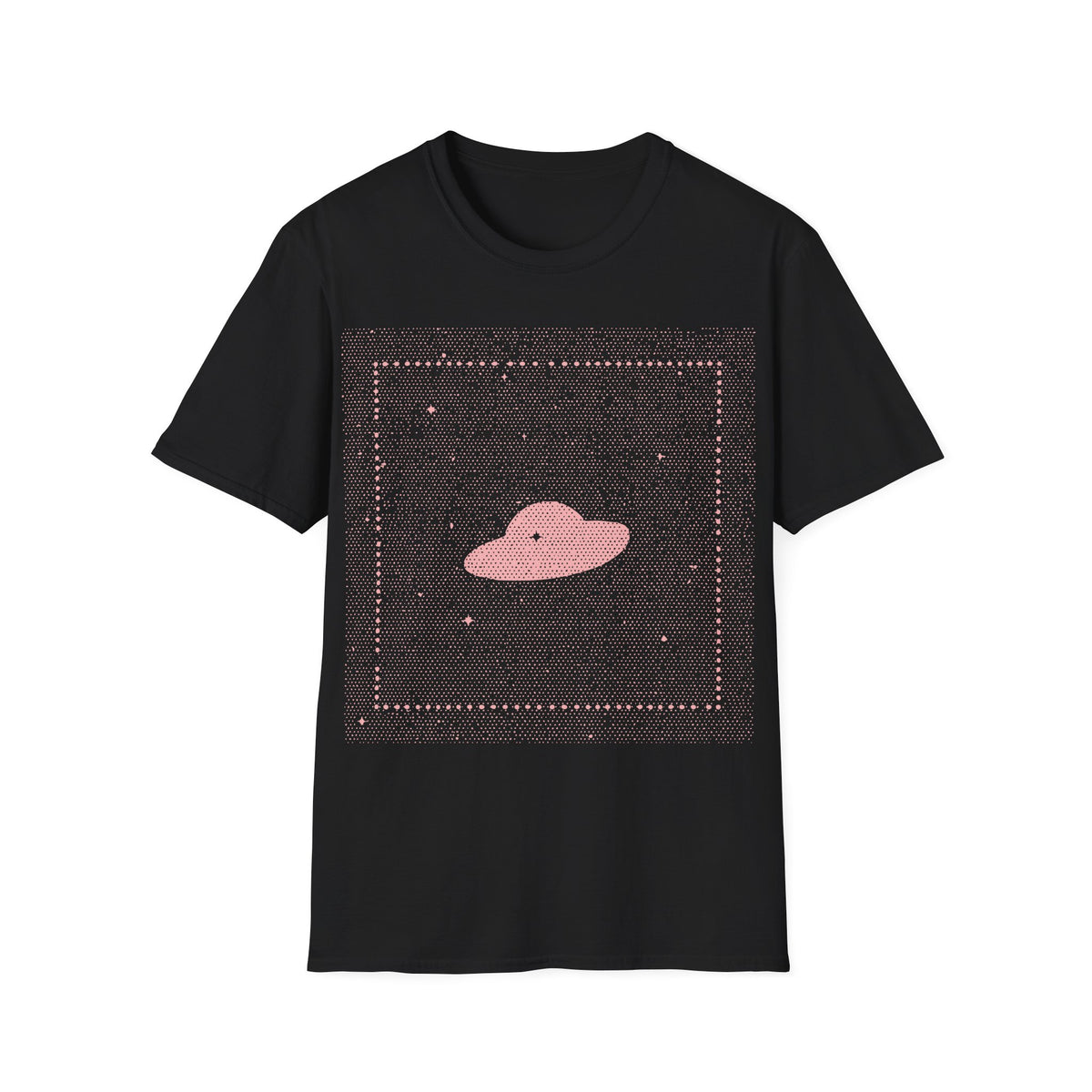 UFO Dream t-shirt design, featuring a minimalist pink flying saucer floating in a dense dotted star field, framed by a subtle square border and scattered stars in a dreamy retro cosmic style on a black background