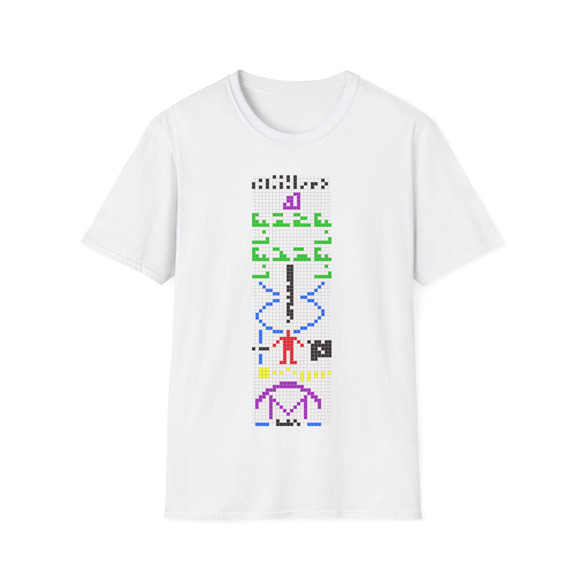 Arecibo Message t-shirt design, featuring the iconic multicolored binary transmission with DNA, human figure, solar system, and radio telescope symbols arranged in a vertical pixel grid on a white background