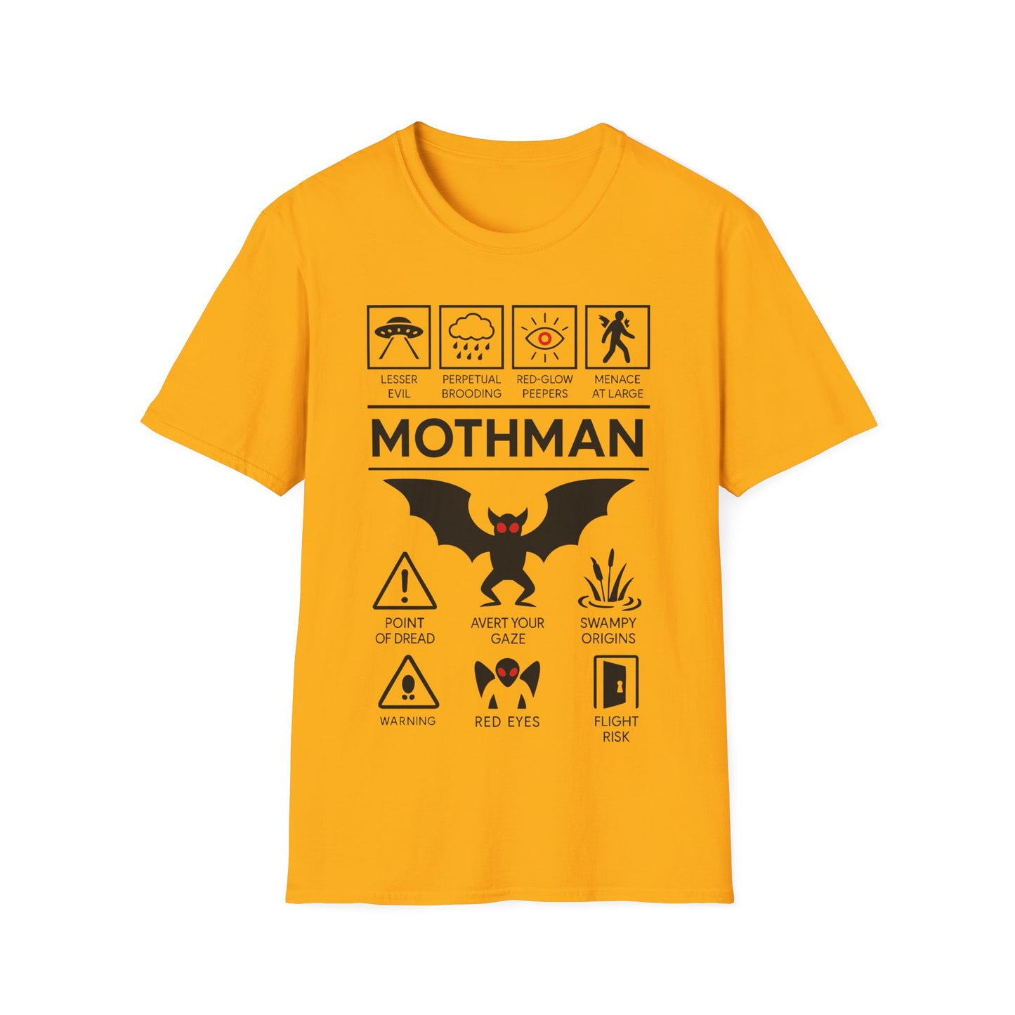 Mothman Icon Based t-shirt design, featuring bold white Mothman lettering with red-eyed winged creature, UFO, warning symbols, and cryptid-themed icon panels in a monochrome infographic style on a yellow background