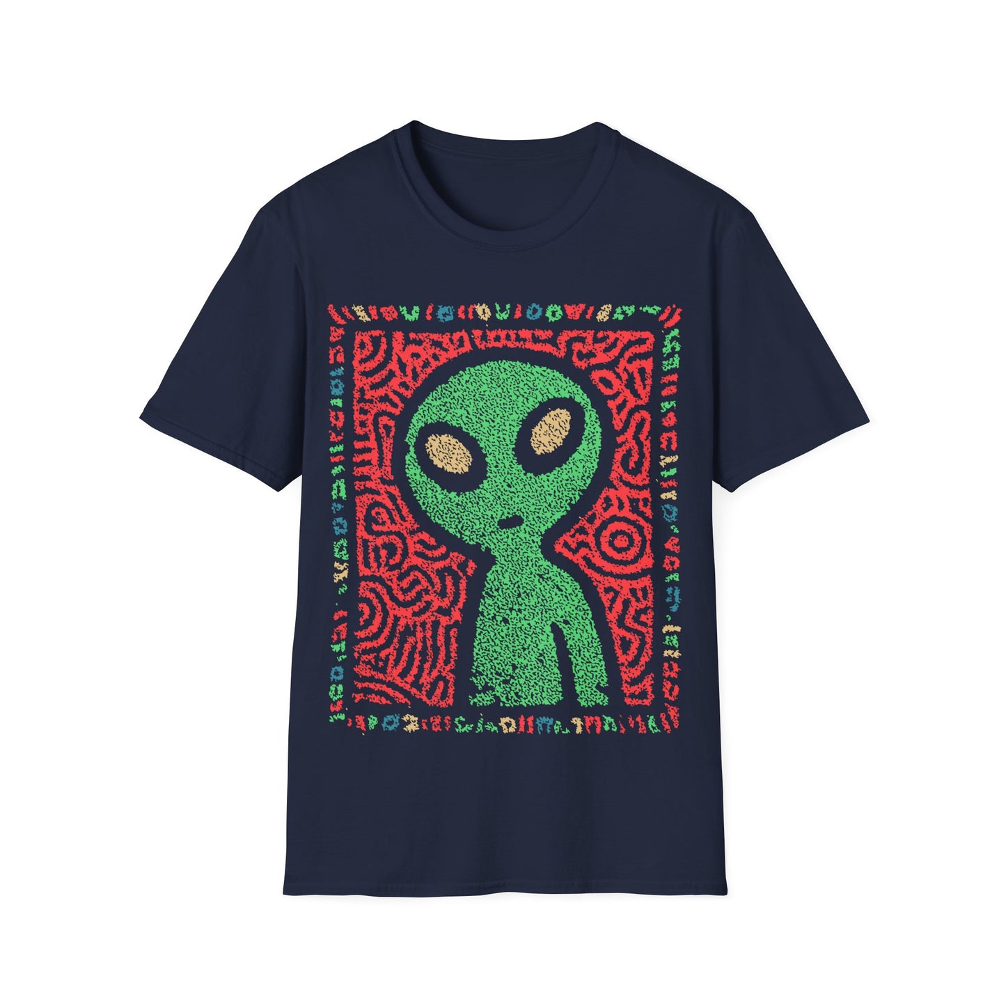 Cute alien folk art design with green alien figure on red tribal patterned background and colorful glyph border on navy blue t-shirt