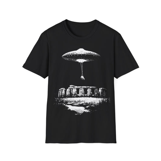 UFO Building Stonehenge t-shirt design with flying saucer levitating Stonehenge stones in ancient aliens style white line art on black background
