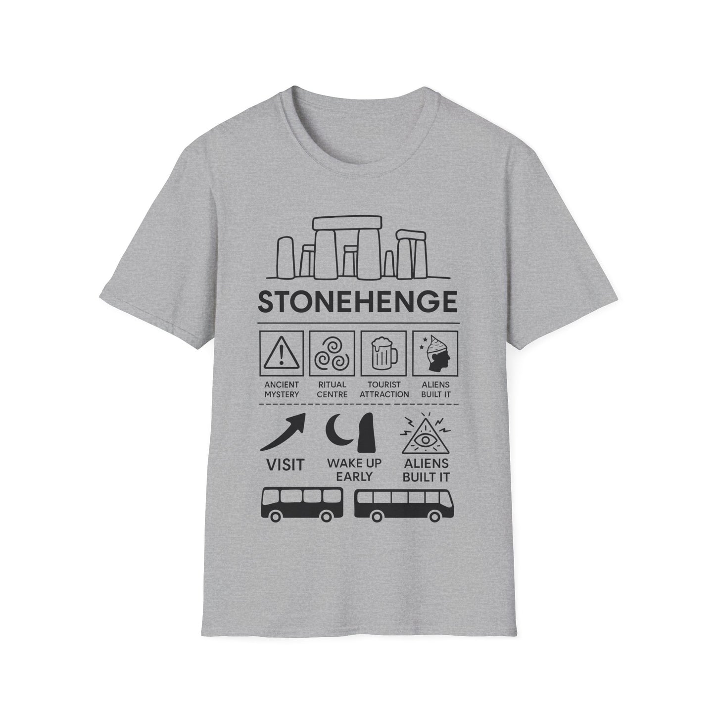 Stonehenge Icon Based t-shirt design, featuring bold white Stonehenge lettering with outlined stone monument, mystical symbols, buses, and humorous ancient mystery icon panels in a monochrome infographic style on a grey background