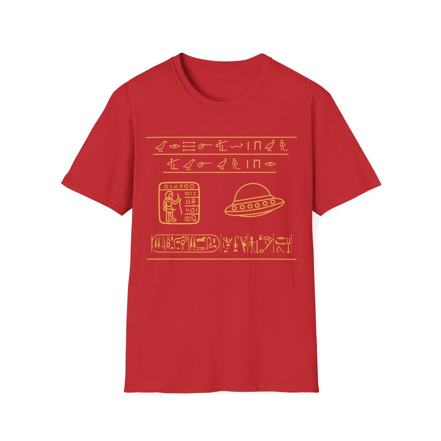 Gold Egyptian hieroglyph-style UFO t-shirt design, featuring a flying saucer and ancient symbol rows with a scribe panel on a red background