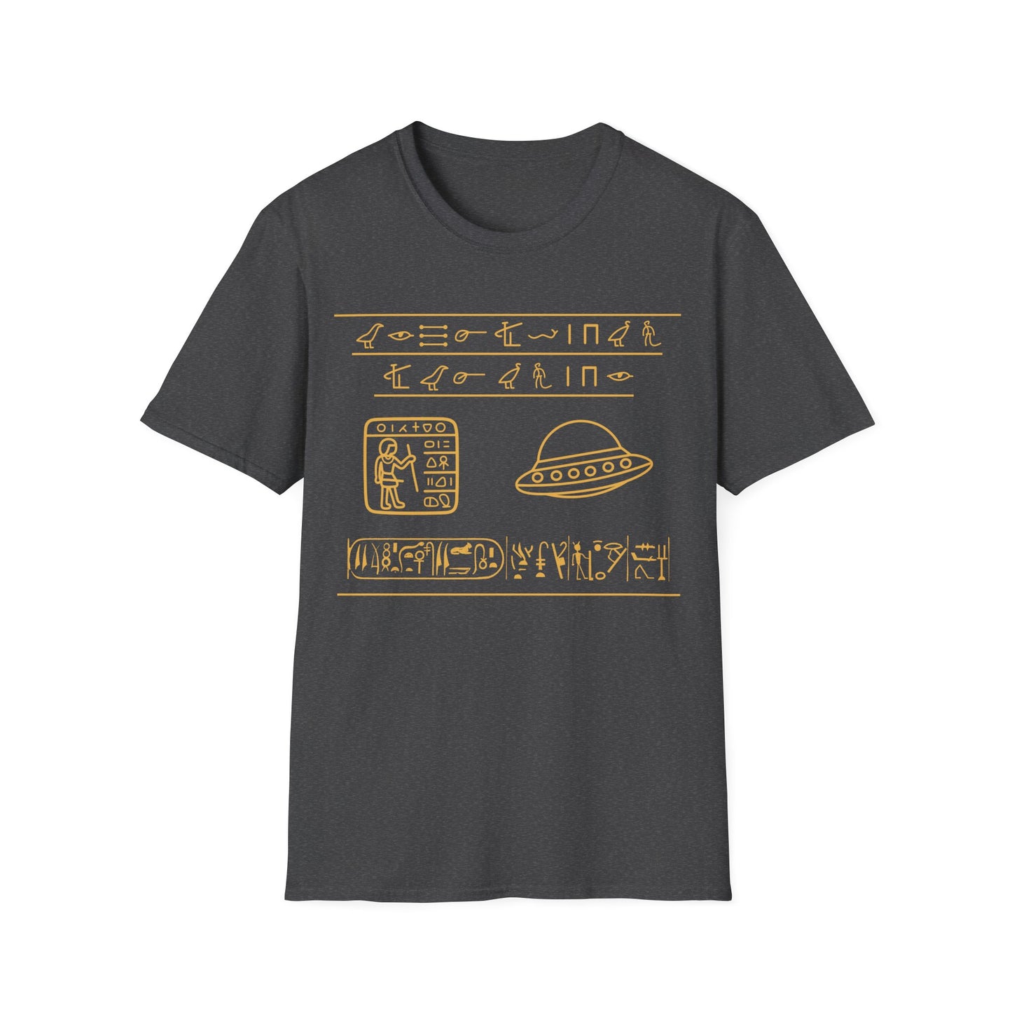 Gold Egyptian hieroglyph-style UFO t-shirt design, featuring a flying saucer and ancient symbol rows with a scribe panel on a dark heather gray background