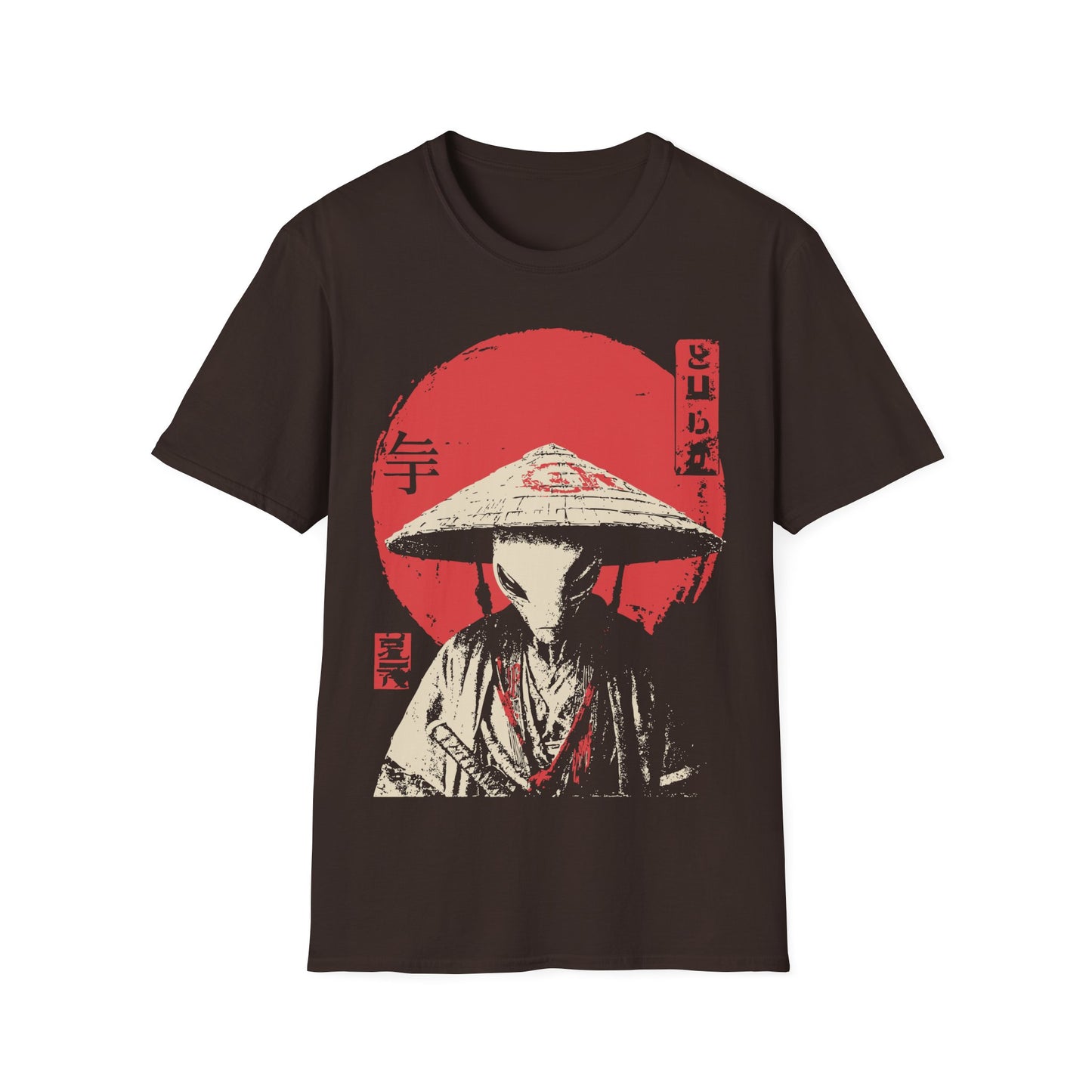 Alien Samurai - Wabi Sabi t-shirt design, showing a stoic alien in a traditional robe and wide straw hat with a sword at its side, rendered in a vintage Japanese poster style with cream and red tones against a rising sun on a dark chocolate brown background