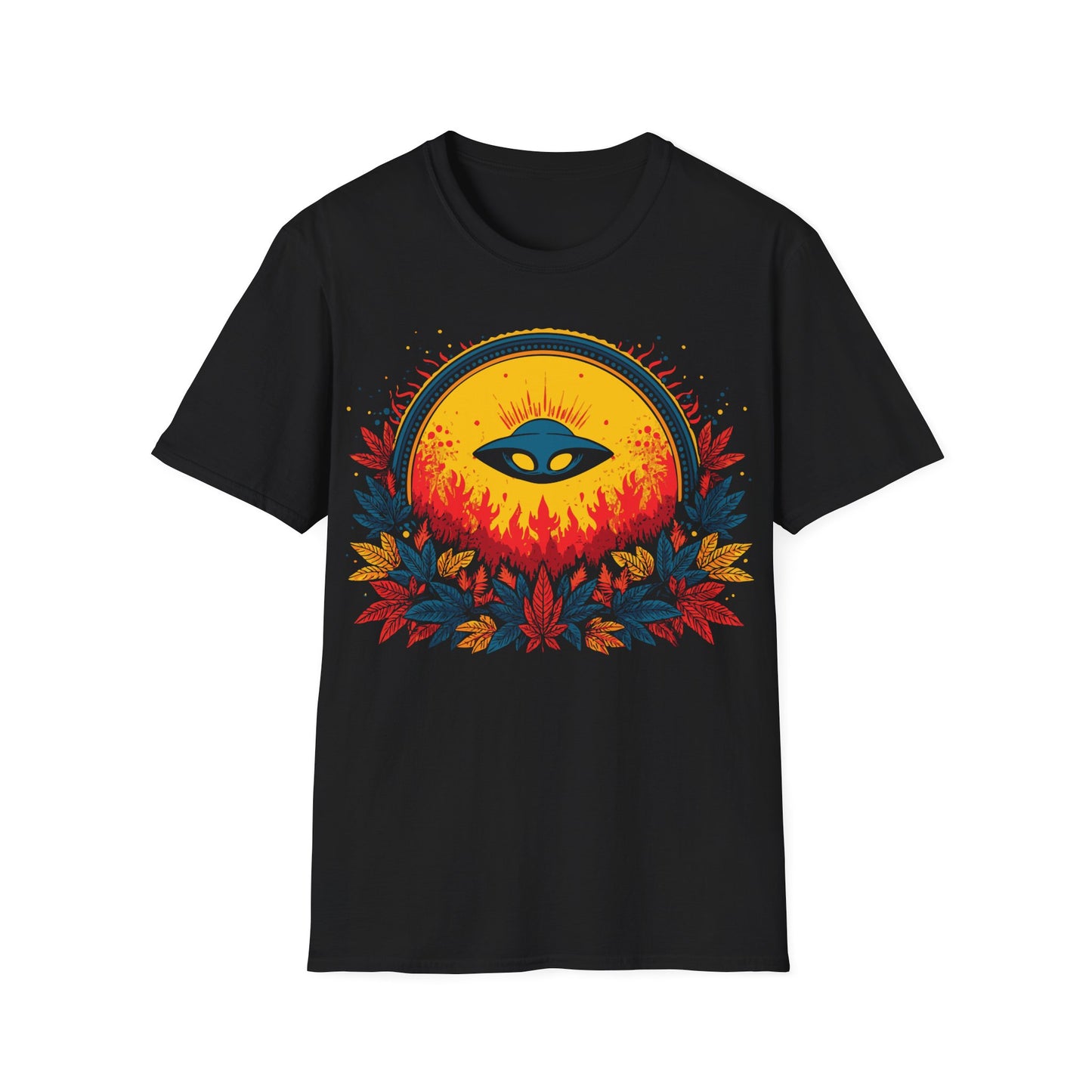 UFO Sun Fire t-shirt design, featuring a blue flying saucer silhouetted against a glowing golden sun with red flames and vibrant red, blue, and yellow foliage on a black background