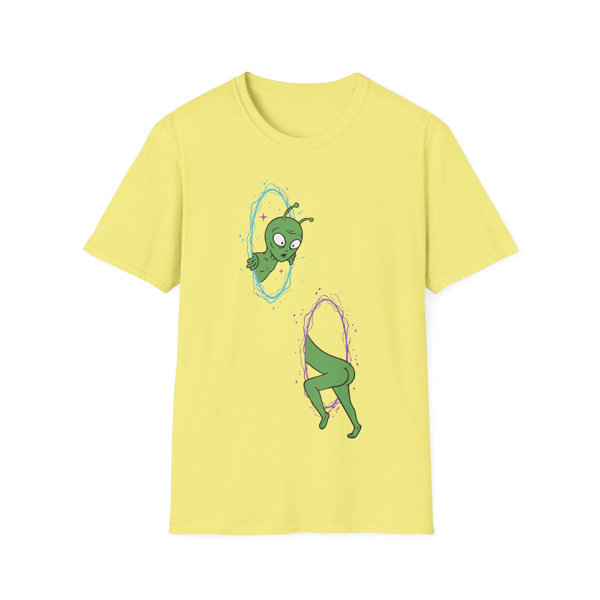 The Portal t-shirt design, featuring a confused green alien awkwardly passing through two glowing cosmic portals, with its head emerging from one and body disappearing into another in a funny cartoon style on a cornsilk yellow background