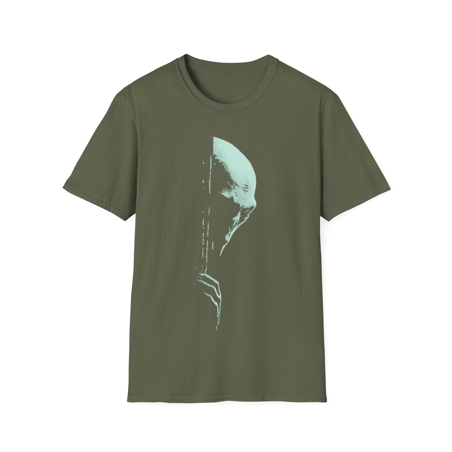 Creepy mint-green alien face silhouette with glitch/distressed texture on military green background, minimalist sci-fi UFO conspiracy t-shirt design