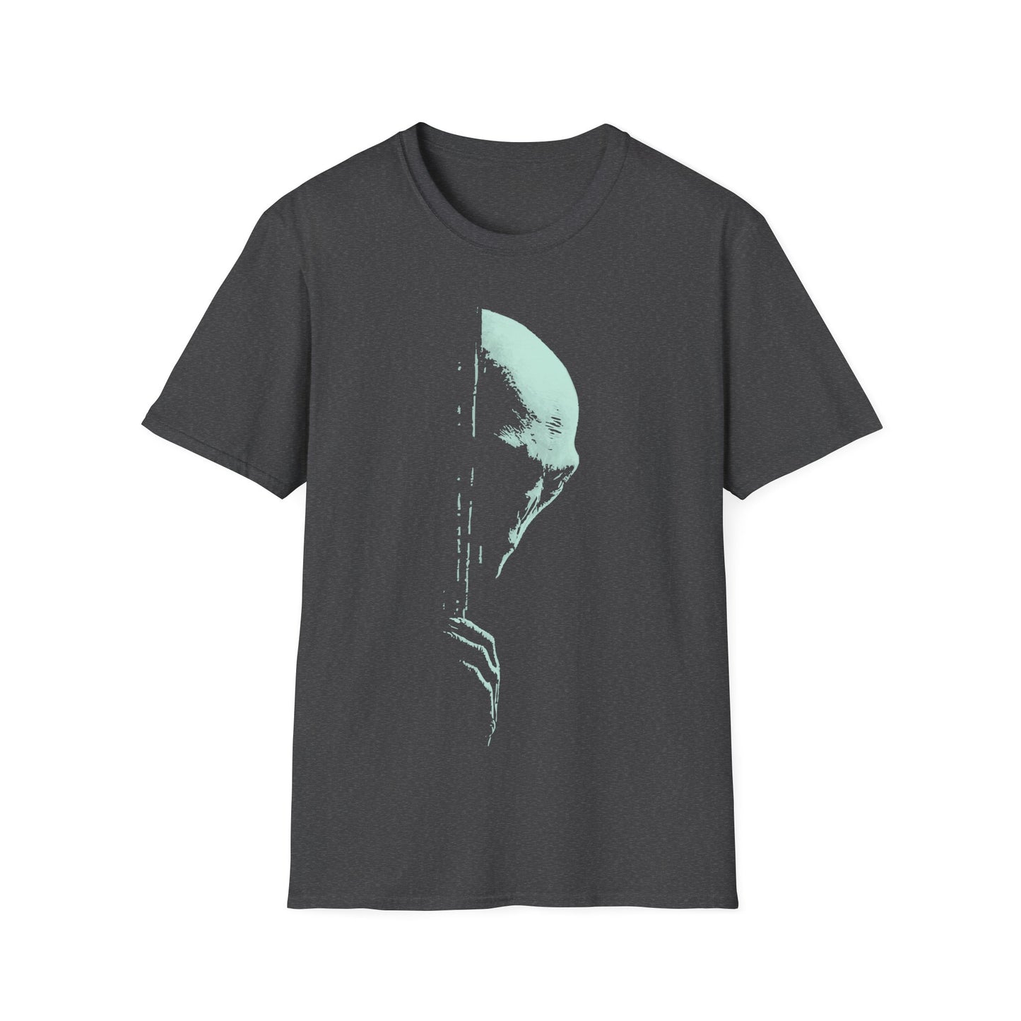 Creepy mint-green alien face silhouette with glitch/distressed texture on dark heather grey background, minimalist sci-fi UFO conspiracy t-shirt design