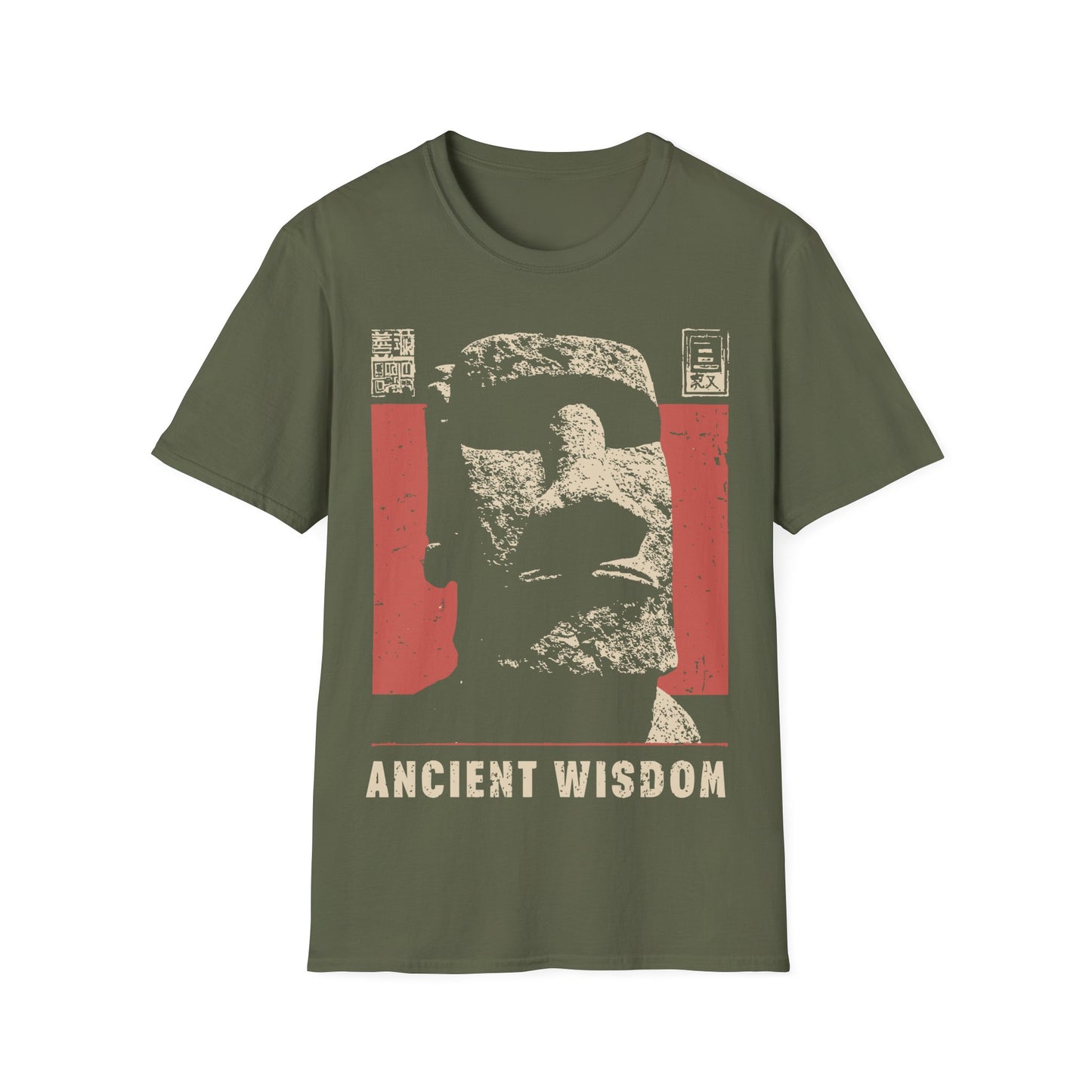 Ancient Wisdom t-shirt design, featuring a weathered Moai stone head in a distressed vintage poster style with Japanese inspired text elements with a 'Ancient Wisdom' text on a military green background