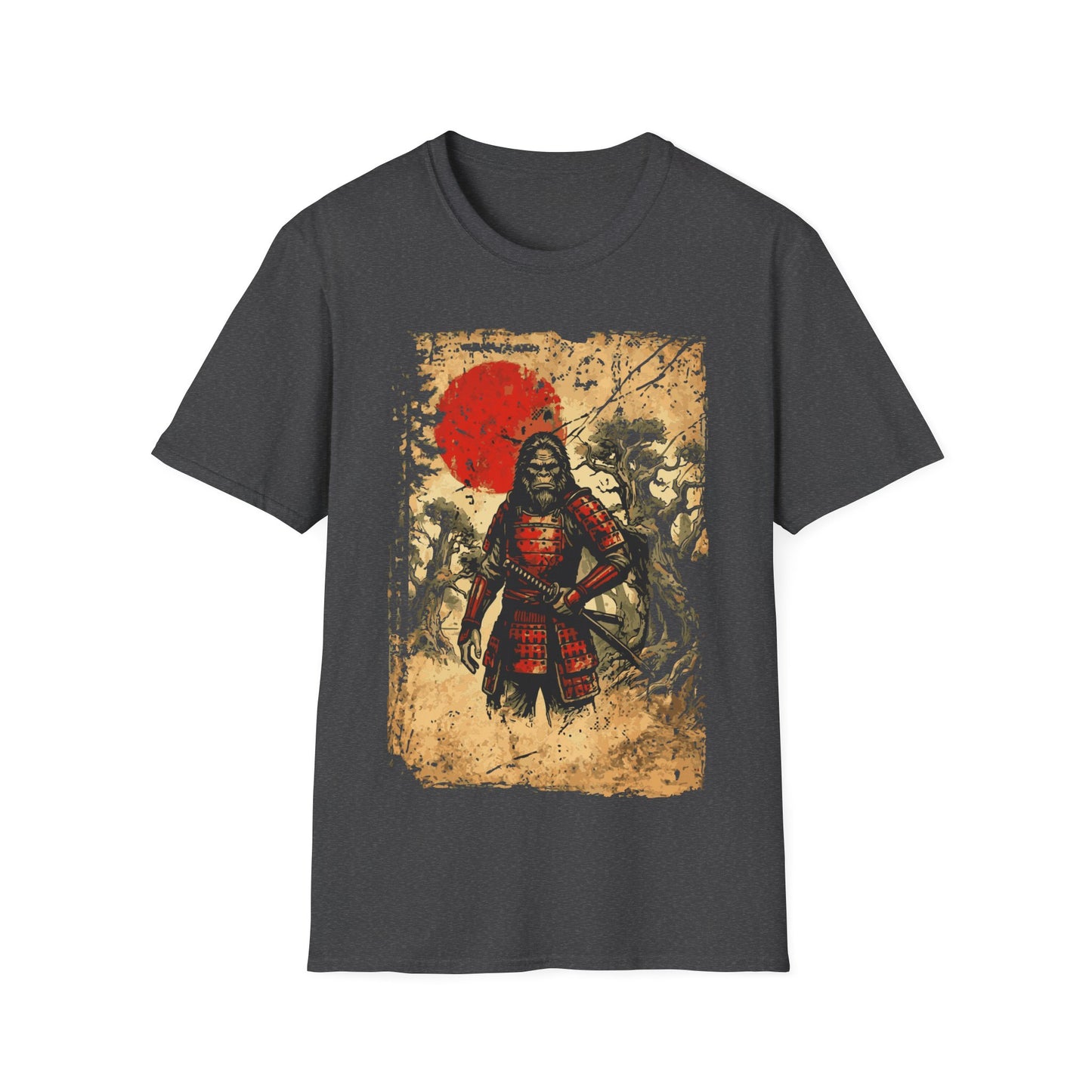 Sasquatch Samurai t-shirt design, featuring a fierce Bigfoot warrior in red samurai armor holding a katana in a haunted forest scene with a distressed parchment style background and red sun on a dark grey background