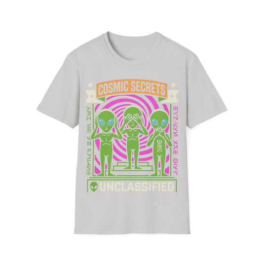 Cosmic Secrets t-shirt design, featuring three green aliens posing as hear no evil, see no evil, and speak no evil against a purple spiral with alien glyphs and bold Unclassified lettering on an ice grey background