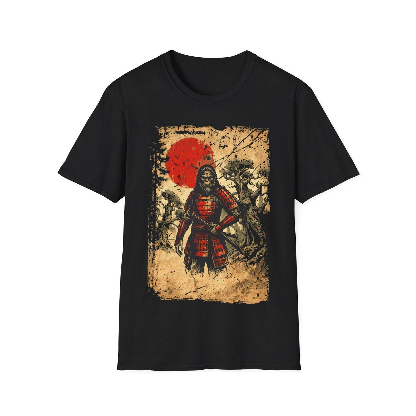 Sasquatch Samurai t-shirt design, featuring a fierce Bigfoot warrior in red samurai armor holding a katana in a haunted forest scene with a distressed parchment style background and red sun on a black background