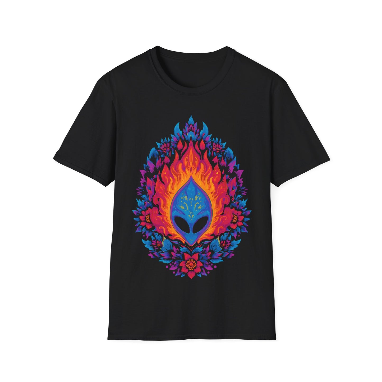 Flaming Alien Mask Floral t-shirt design, featuring a blue alien mask surrounded by vivid orange flames and bright pink, purple, and blue floral elements in a symmetrical psychedelic illustration on a black background