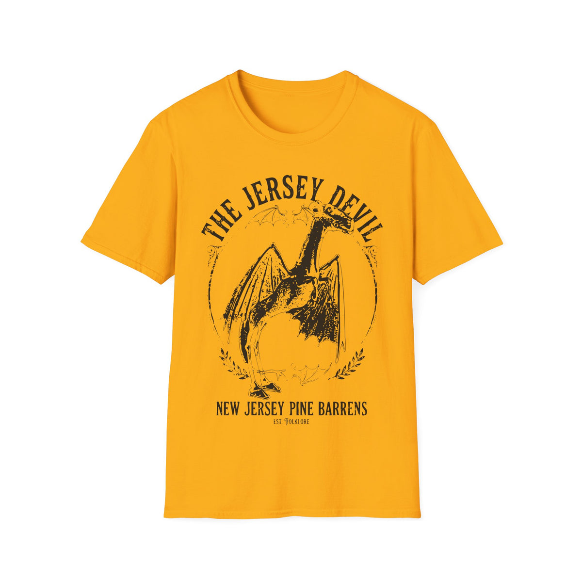 Retro Alien t-shirt design, featuring a bright green alien head with oversized eyes surrounded by dots and radiating lines in a bold vintage pop art style on a gold yellow background