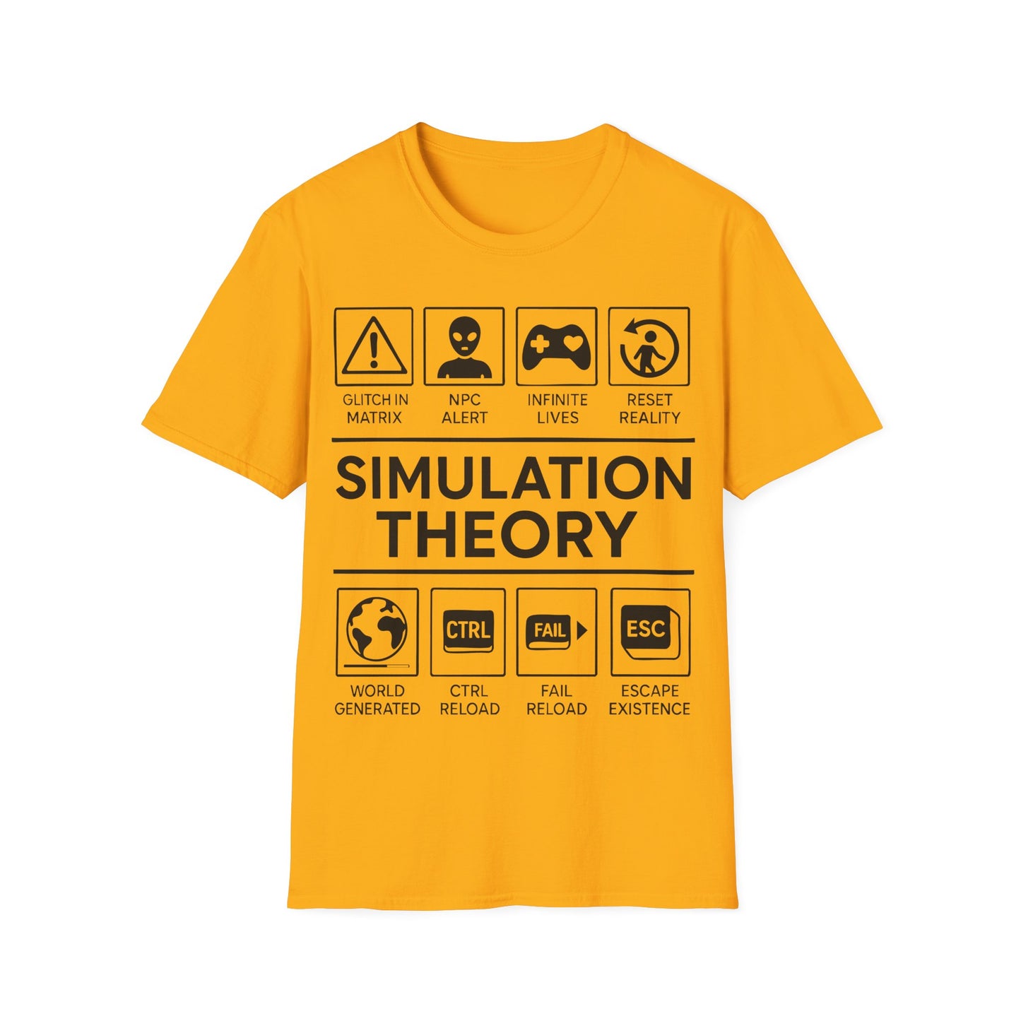 Simulation Theory t-shirt design, featuring bold white Simulation Theory lettering with glitch warning, alien head, game controller, reset icon, and digital reality-themed symbol panels in a monochrome infographic style on a yellow background