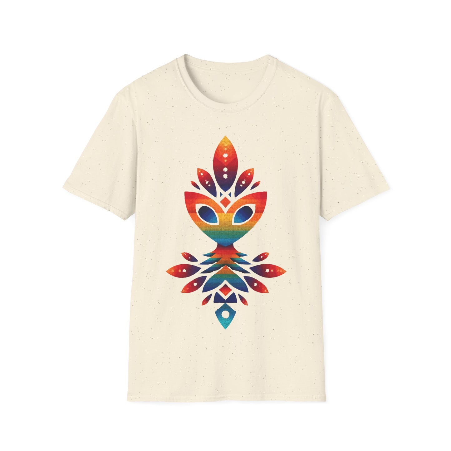 Rainbow Alien Totem t-shirt design, featuring a stylized rainbow-gradient alien face merged with symmetrical totemic leaf and geometric shapes in a vibrant psychedelic illustration on a white background