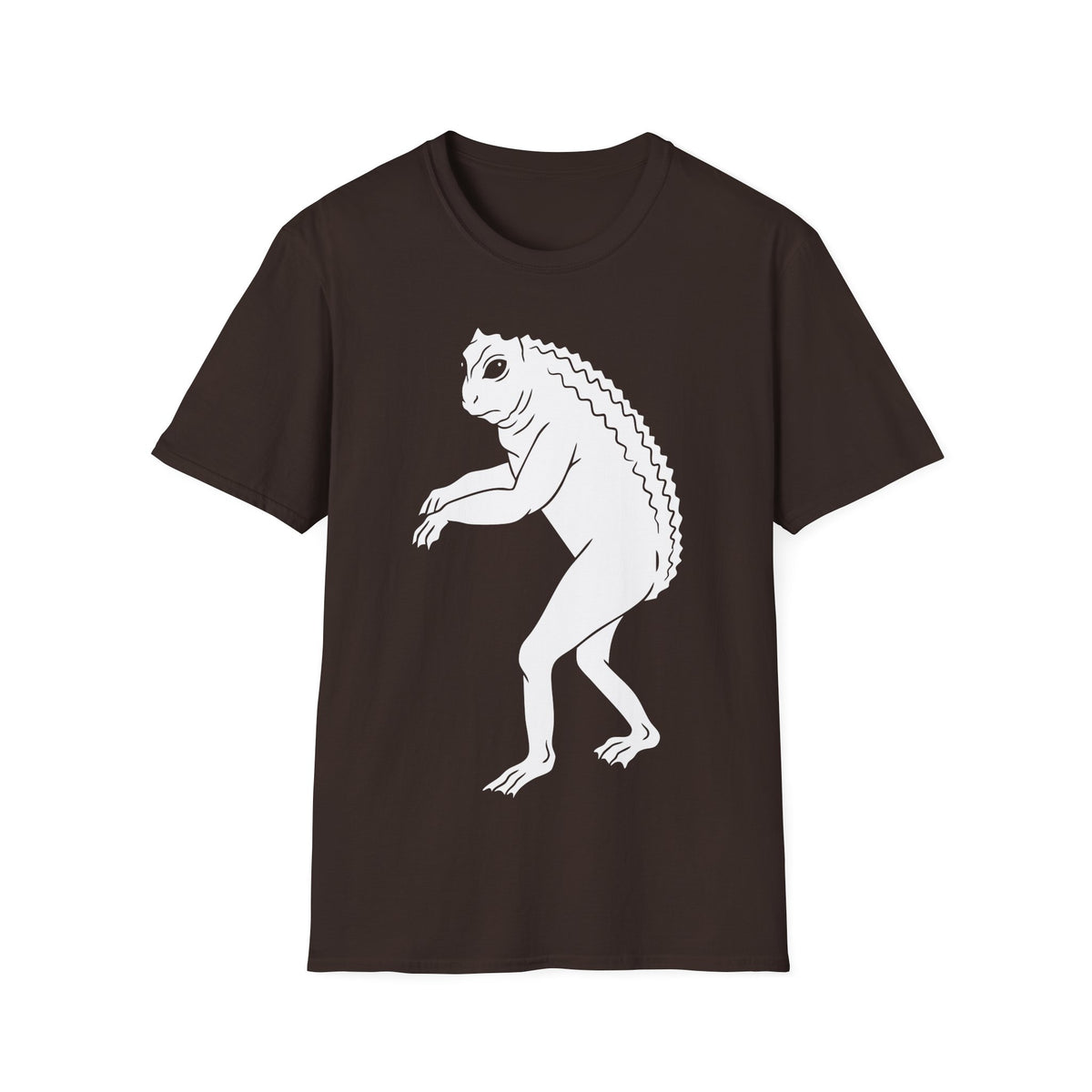 Loveland Frogman t-shirt design, featuring a white humanoid frog creature with large eyes, long limbs, clawed hands and feet, and a ridged back on a dark chocolate background
